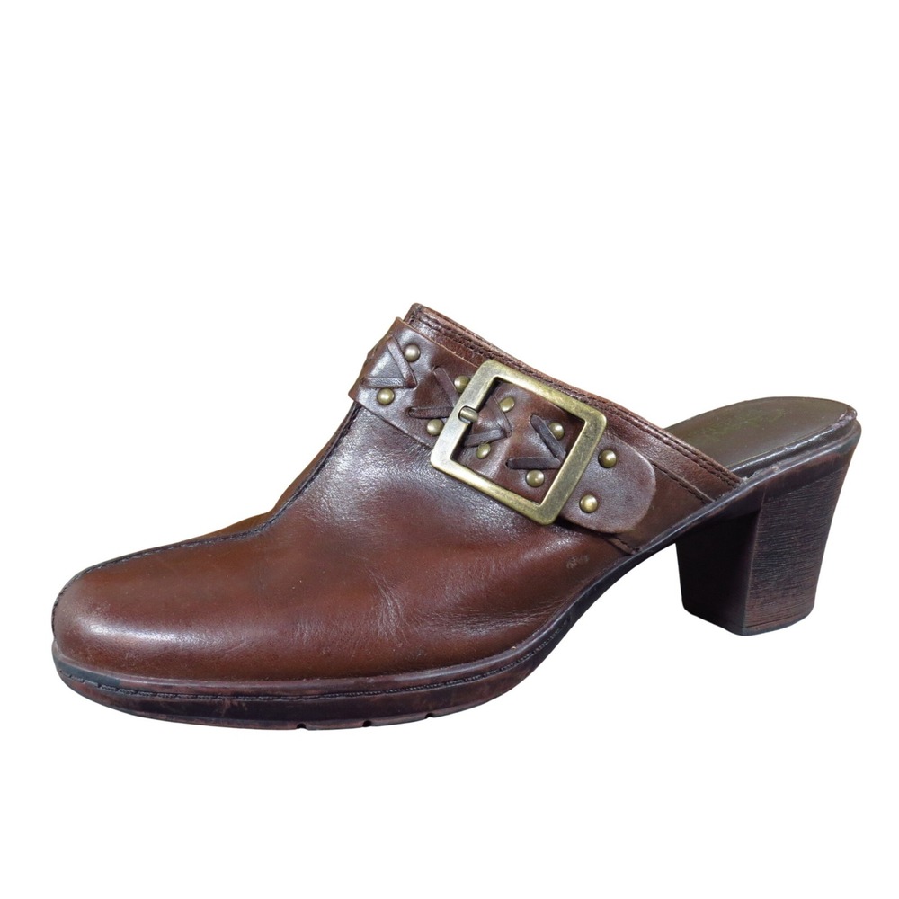 Clarks Bendables Women Heeled Mules 9M Work Professional Brown Leather Buckle
